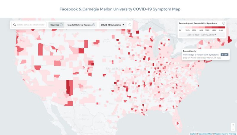 แผนที่ COVID-19 แบบโต้ตอบของ Facebook แสดงอาการตามเขต